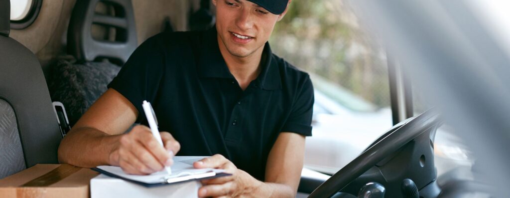 WHG Carlisle Delivery driver signing for parcel